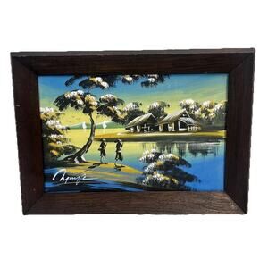 Vintage Signed Framed Painting Southeast Asia Vietnam River Village 19.5"x14"